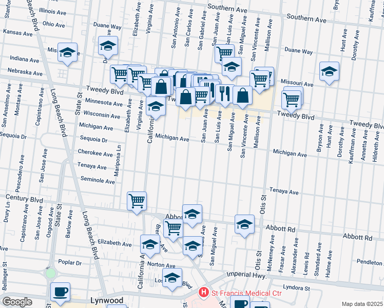 map of restaurants, bars, coffee shops, grocery stores, and more near 10236 San Gabriel Avenue in South Gate