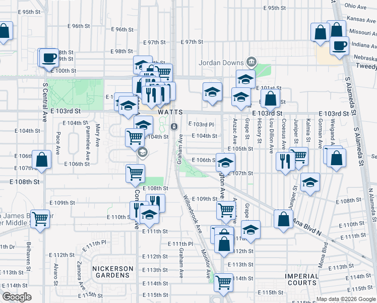 map of restaurants, bars, coffee shops, grocery stores, and more near 1716 East 105th Street in Los Angeles