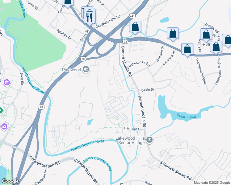 map of restaurants, bars, coffee shops, grocery stores, and more near 460 South Barnett Shoals Road in Athens