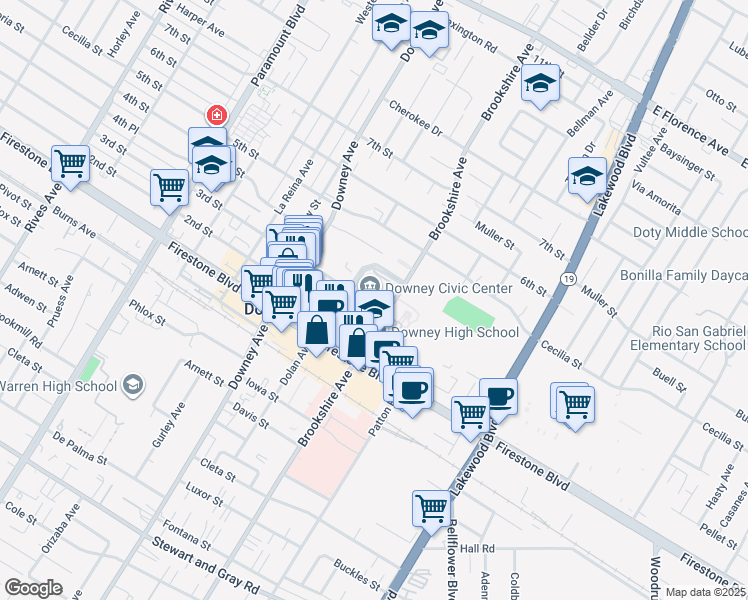 map of restaurants, bars, coffee shops, grocery stores, and more near in Downey