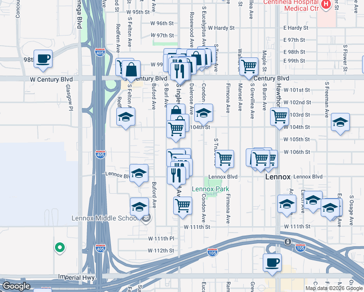 map of restaurants, bars, coffee shops, grocery stores, and more near 10522 South Inglewood Avenue in Inglewood