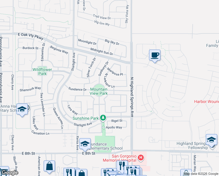 map of restaurants, bars, coffee shops, grocery stores, and more near 1215 North Larkspur Lane in Beaumont