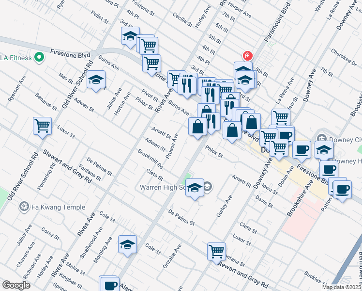 map of restaurants, bars, coffee shops, grocery stores, and more near 11501 Samoline Avenue in Downey