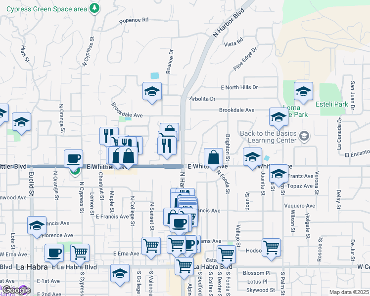 map of restaurants, bars, coffee shops, grocery stores, and more near 900950 North Harbor Boulevard in La Habra