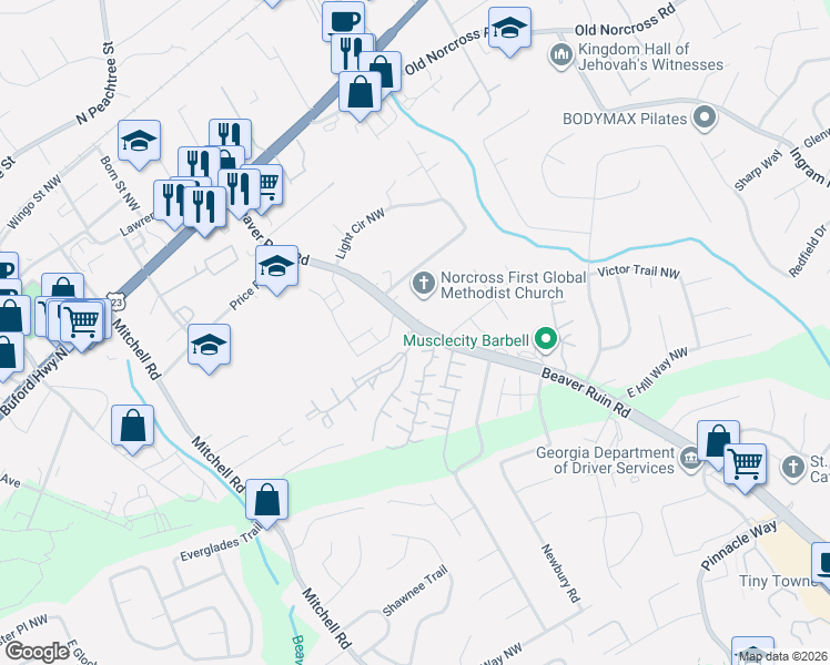 map of restaurants, bars, coffee shops, grocery stores, and more near 2445 Wynhollow Trce in Norcross