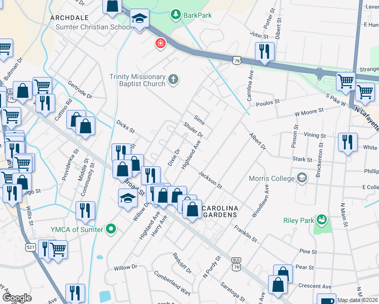 map of restaurants, bars, coffee shops, grocery stores, and more near 216 Highland Avenue in Sumter