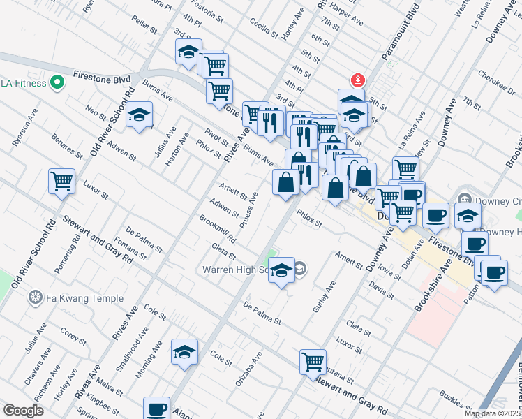 map of restaurants, bars, coffee shops, grocery stores, and more near 11501 Samoline Ave in Downey