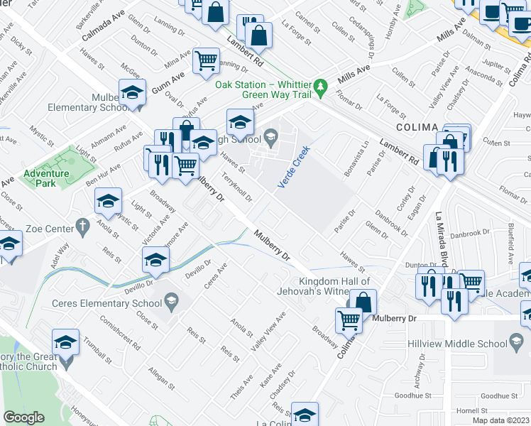 map of restaurants, bars, coffee shops, grocery stores, and more near 14504 McGee Dr in Whittier