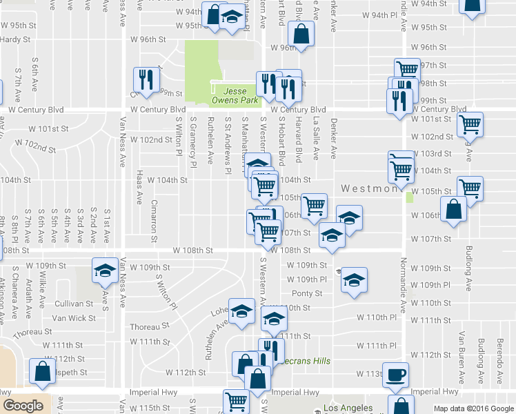 map of restaurants, bars, coffee shops, grocery stores, and more near 10519 South Western Avenue in Los Angeles