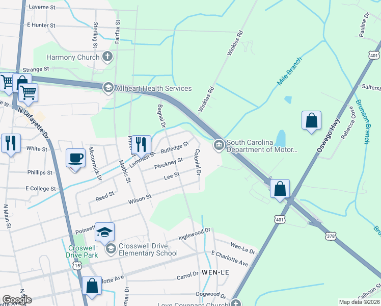 map of restaurants, bars, coffee shops, grocery stores, and more near 315 Pinckney Street in Sumter
