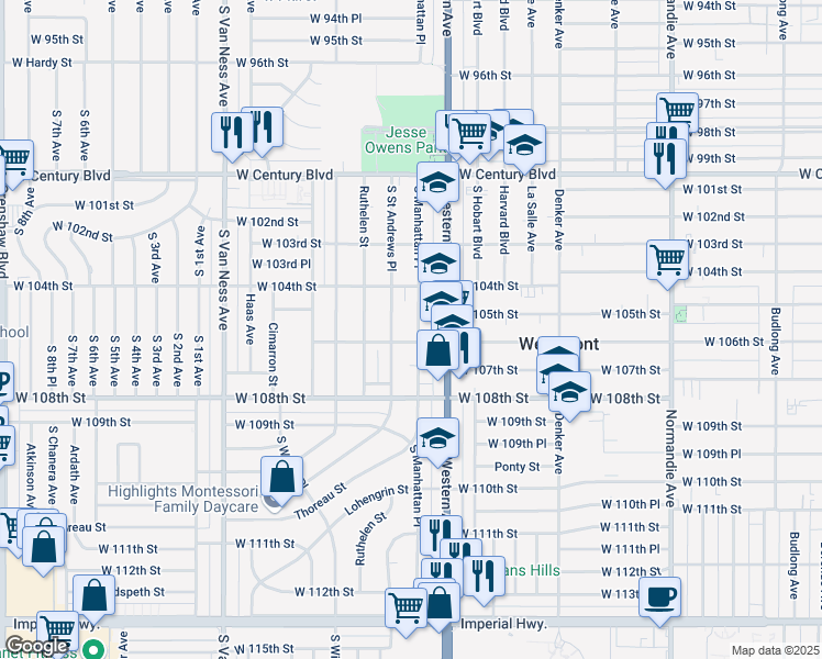 map of restaurants, bars, coffee shops, grocery stores, and more near 10515 South Manhattan Place in Los Angeles