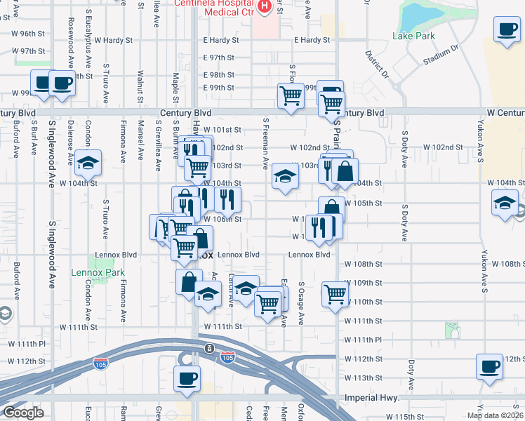 map of restaurants, bars, coffee shops, grocery stores, and more near 10515 South Freeman Avenue in Lennox