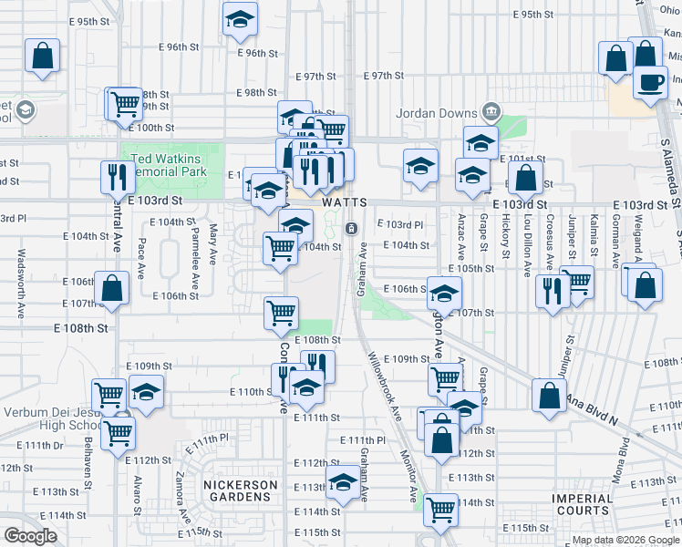 map of restaurants, bars, coffee shops, grocery stores, and more near 10413-10499 Grandee Ave in Los Angeles
