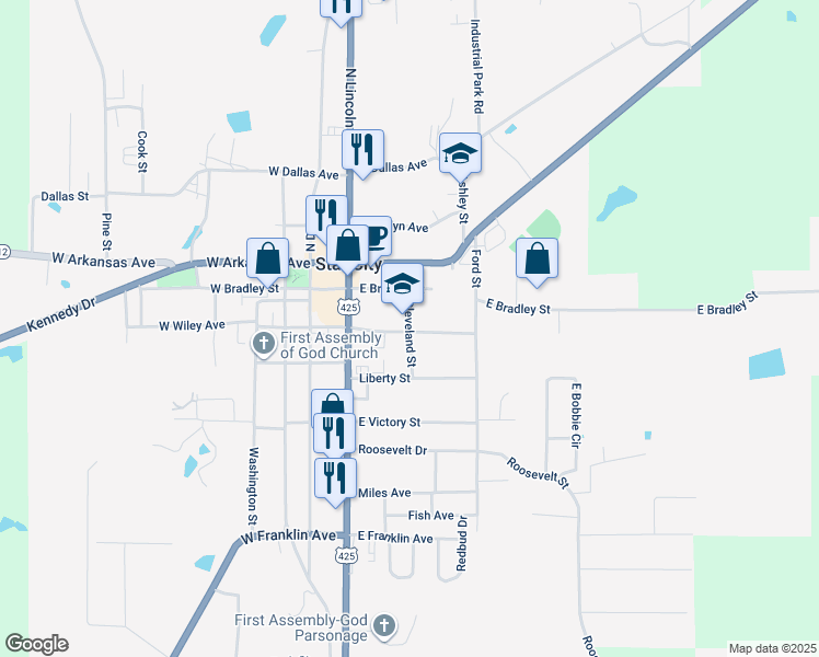 map of restaurants, bars, coffee shops, grocery stores, and more near 206 Cleveland Street in Star City