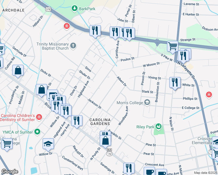 map of restaurants, bars, coffee shops, grocery stores, and more near 137 North Milton Road in Sumter