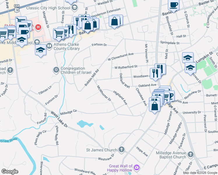 map of restaurants, bars, coffee shops, grocery stores, and more near 488 Highland Avenue in Athens