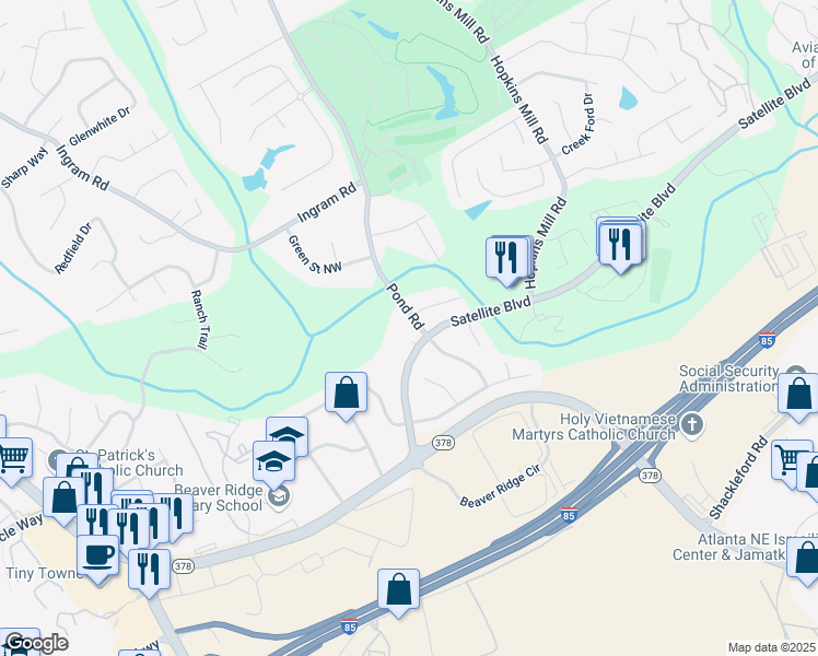 map of restaurants, bars, coffee shops, grocery stores, and more near 2073 Pond Road in Duluth