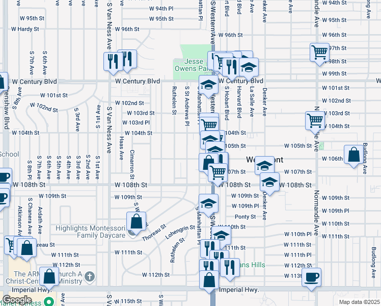 map of restaurants, bars, coffee shops, grocery stores, and more near 10514 South Saint Andrews Place in Los Angeles