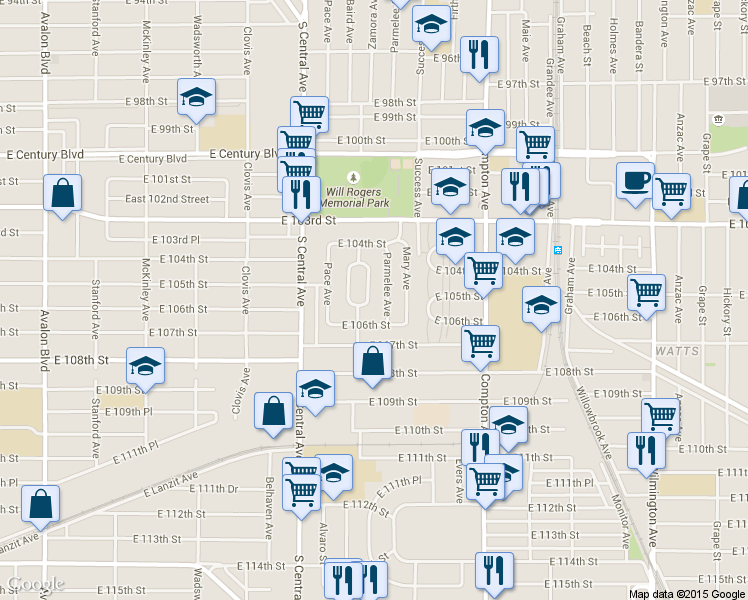map of restaurants, bars, coffee shops, grocery stores, and more near 10516 East Zamora Avenue in Los Angeles