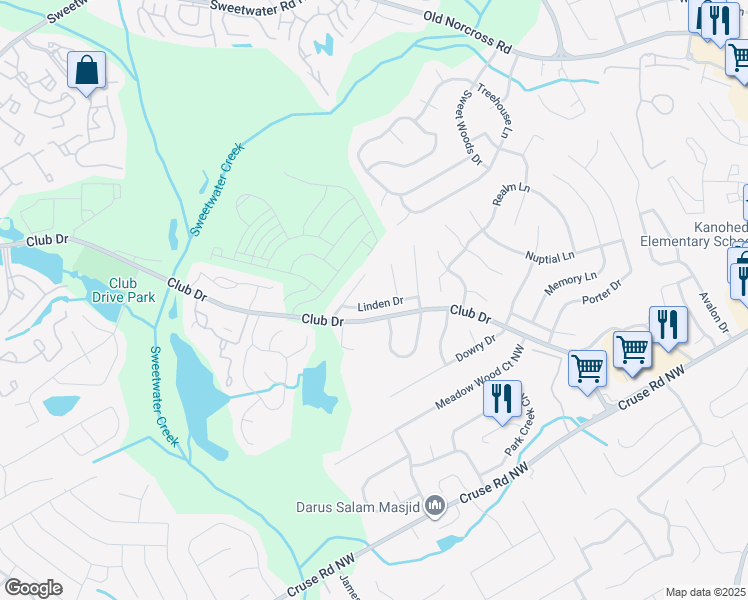 map of restaurants, bars, coffee shops, grocery stores, and more near 3131 Linden Drive in Lawrenceville