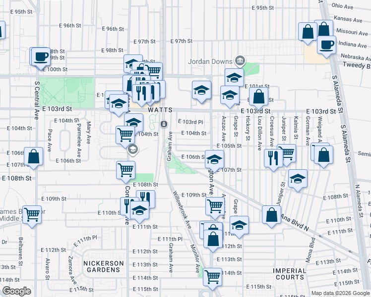 map of restaurants, bars, coffee shops, grocery stores, and more near 1766 East 105th Street in Los Angeles