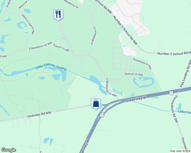 map of restaurants, bars, coffee shops, grocery stores, and more near 101 South Middleton Drive Northwest in Calabash