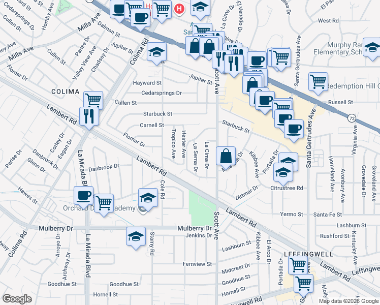 map of restaurants, bars, coffee shops, grocery stores, and more near 10320 Hester Avenue in Whittier