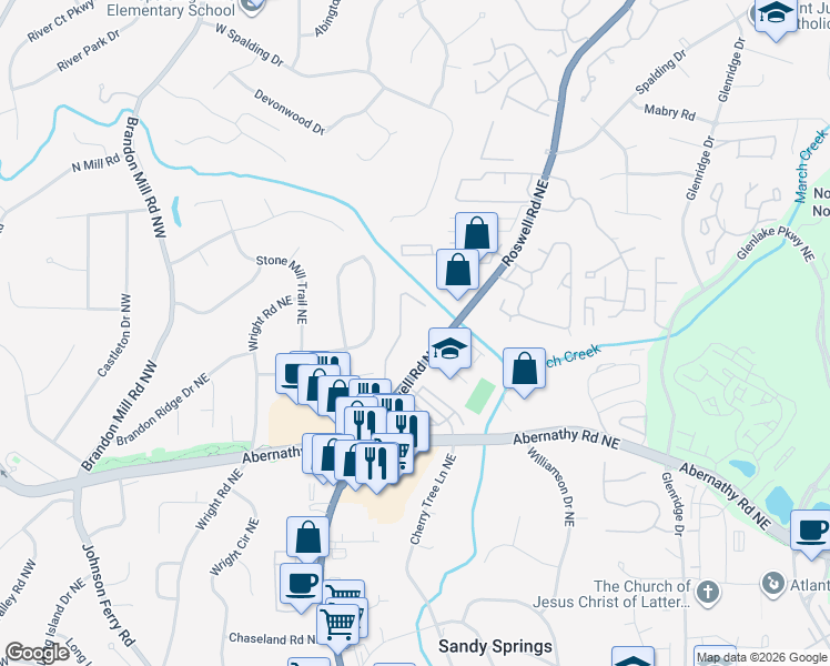 map of restaurants, bars, coffee shops, grocery stores, and more near 6700 Roswell Road in Sandy Springs