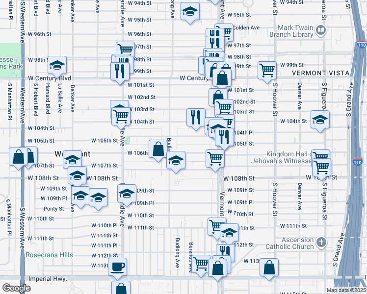 map of restaurants, bars, coffee shops, grocery stores, and more near 1125 West 106th Street in Los Angeles