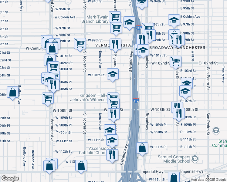 map of restaurants, bars, coffee shops, grocery stores, and more near 10507 South Figueroa Street in Los Angeles