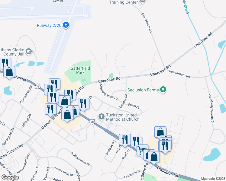 map of restaurants, bars, coffee shops, grocery stores, and more near 135 Morningview Circle in Athens