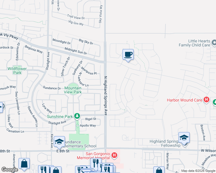 map of restaurants, bars, coffee shops, grocery stores, and more near 1202 Daisy Drive in Beaumont