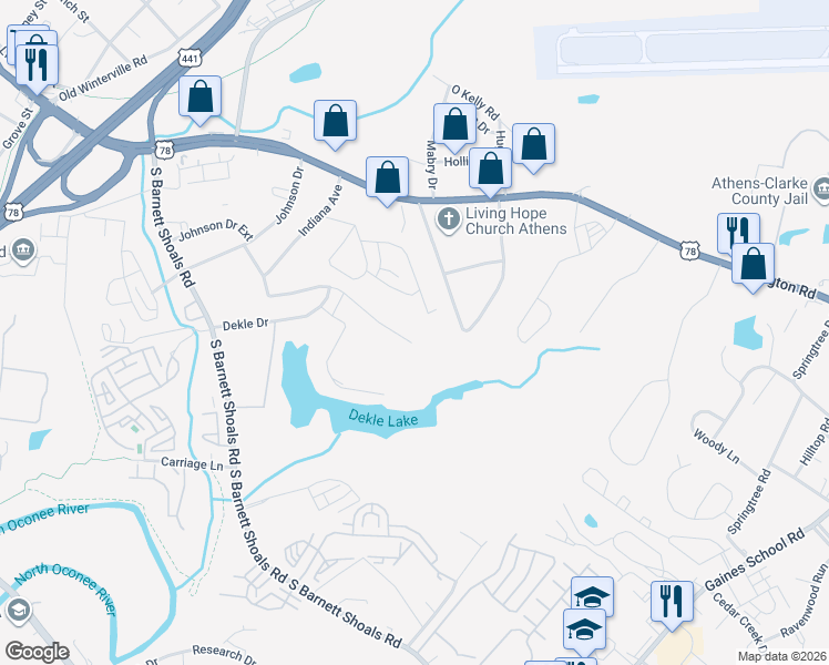 map of restaurants, bars, coffee shops, grocery stores, and more near 417 Edgewater Drive in Athens