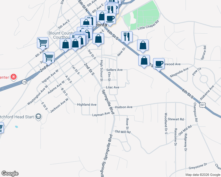 map of restaurants, bars, coffee shops, grocery stores, and more near 203 Lilac Avenue in Oneonta