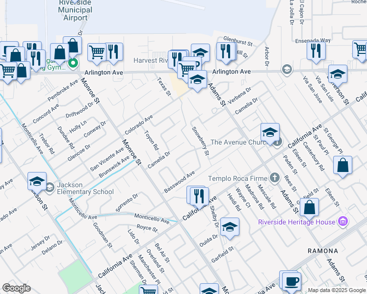 map of restaurants, bars, coffee shops, grocery stores, and more near 8524 Camelia Drive in Riverside