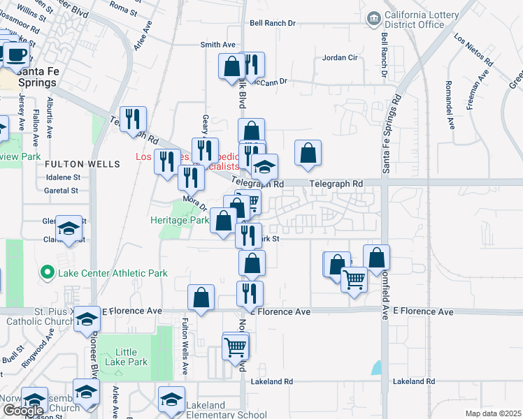 map of restaurants, bars, coffee shops, grocery stores, and more near 12257 Heritage Springs Drive in Santa Fe Springs