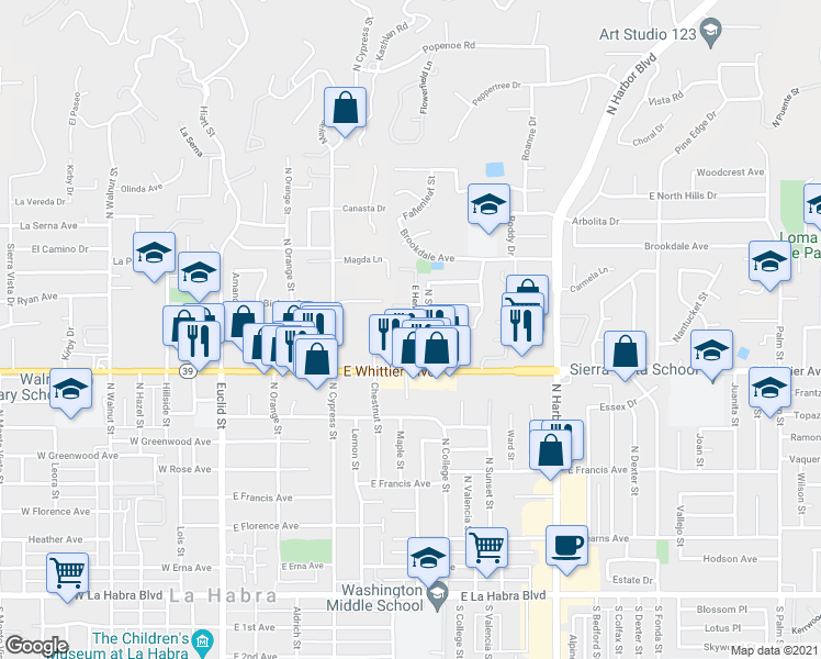 map of restaurants, bars, coffee shops, grocery stores, and more near 870 Greenway Terrace in La Habra