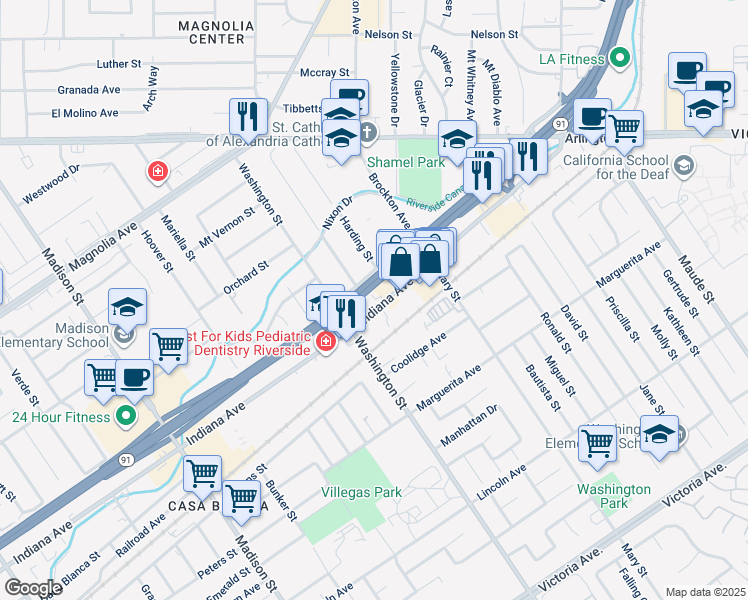 map of restaurants, bars, coffee shops, grocery stores, and more near 7035 Indiana Avenue in Riverside