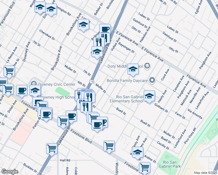 map of restaurants, bars, coffee shops, grocery stores, and more near 10535 Haledon Avenue in Downey