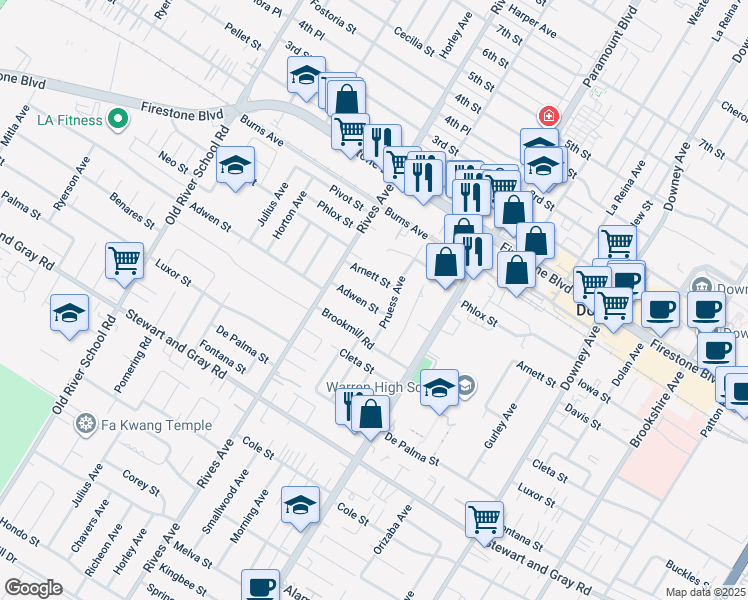 map of restaurants, bars, coffee shops, grocery stores, and more near 7859 Adwen St in Downey