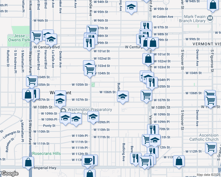 map of restaurants, bars, coffee shops, grocery stores, and more near 1233 West 106th Street in Los Angeles
