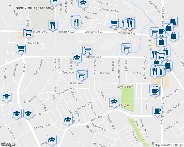 map of restaurants, bars, coffee shops, grocery stores, and more near 8731 Metta Circle in Riverside