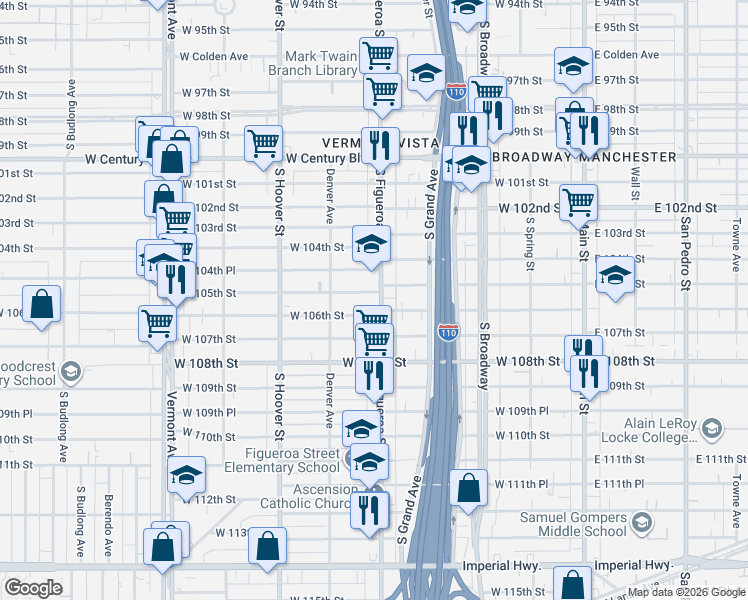 map of restaurants, bars, coffee shops, grocery stores, and more near 10507 South Figueroa Street in Los Angeles