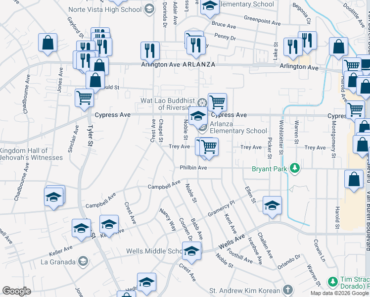 map of restaurants, bars, coffee shops, grocery stores, and more near 5806 Noble Street in Riverside