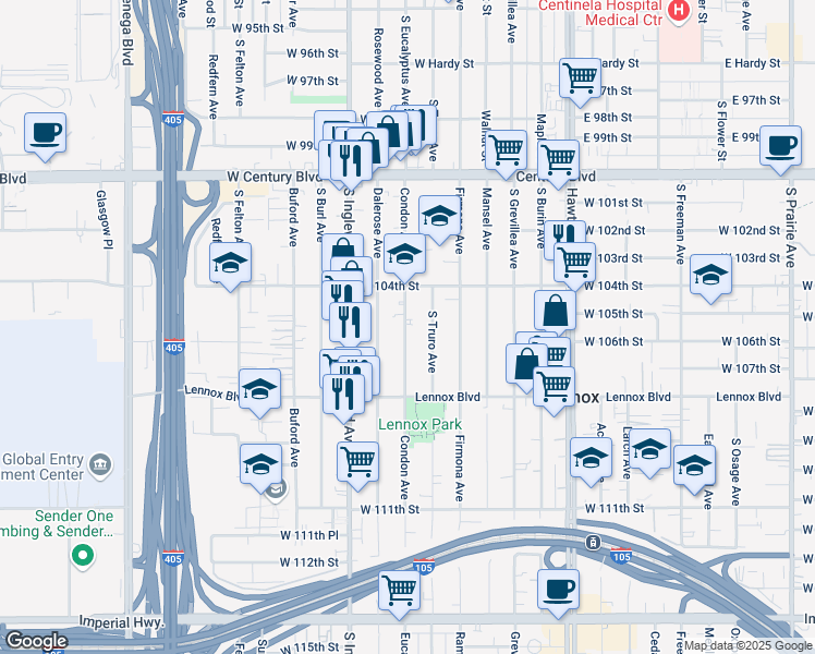 map of restaurants, bars, coffee shops, grocery stores, and more near 10520 Condon Avenue in Inglewood