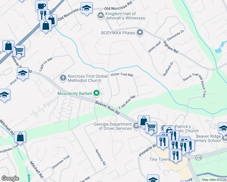 map of restaurants, bars, coffee shops, grocery stores, and more near 2346 Bailey Drive Northwest in Norcross