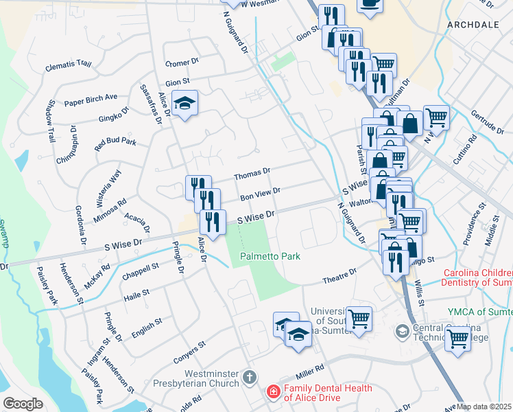 map of restaurants, bars, coffee shops, grocery stores, and more near 101 Duncan Street in Sumter