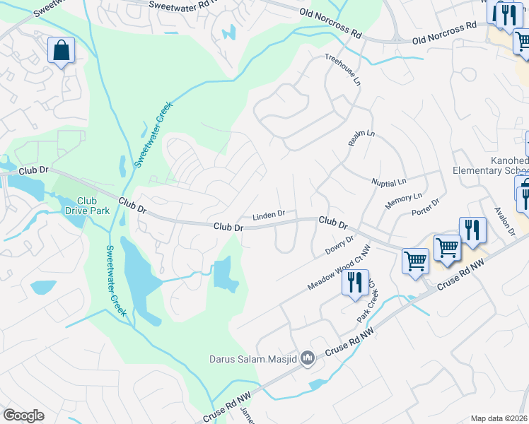 map of restaurants, bars, coffee shops, grocery stores, and more near 3121 Linden Drive in Lawrenceville
