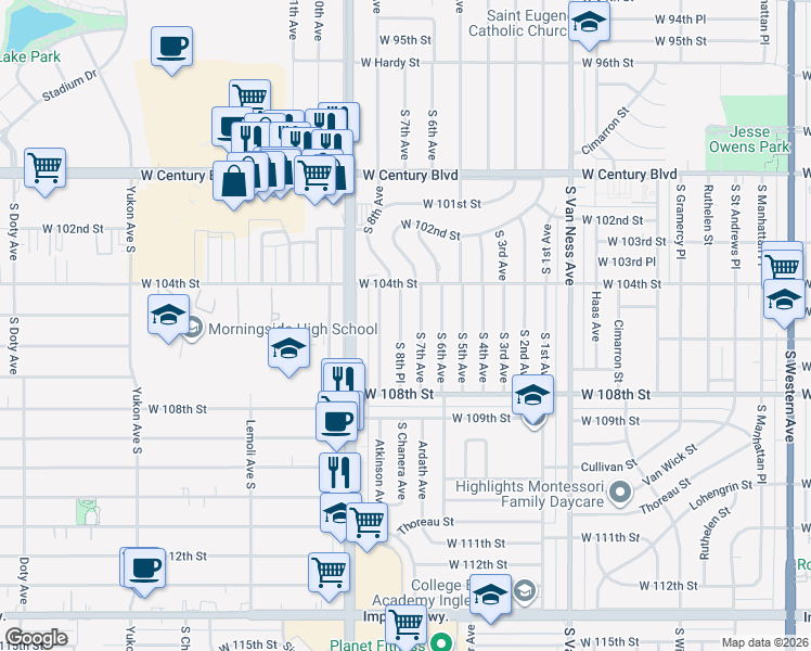 map of restaurants, bars, coffee shops, grocery stores, and more near 10512 South 8th Place in Inglewood