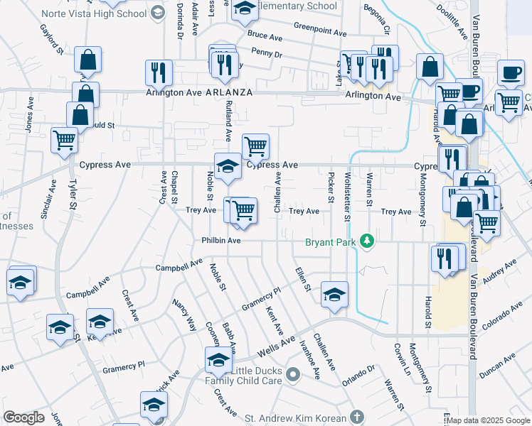 map of restaurants, bars, coffee shops, grocery stores, and more near 8751 Metta Circle in Riverside